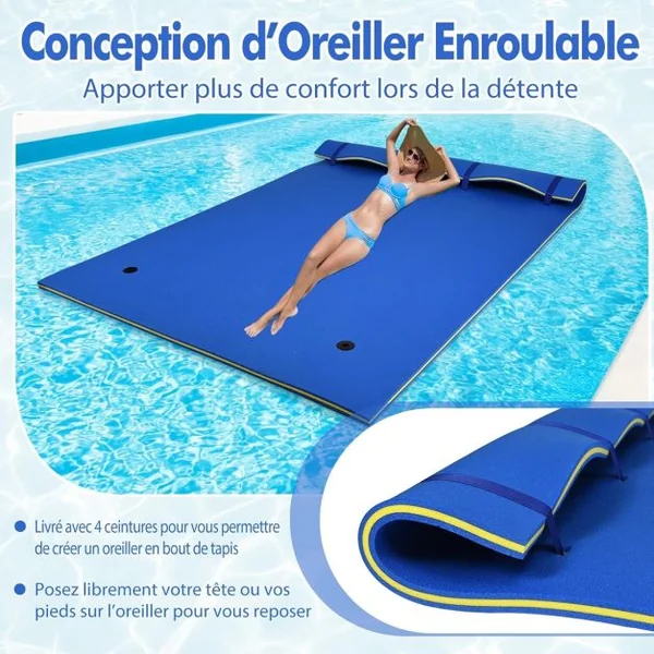 Tapis Flottant d’Eau en Mousse XPE Résistant aux Déchirures Matelas Flottant avec Oreiller Roulant & Cordon Élastique Coussin Flottant Bleu