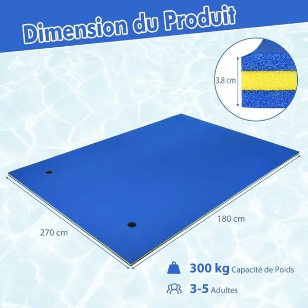 Tapis Flottant d’Eau en Mousse XPE Résistant aux Déchirures Matelas Flottant avec Oreiller Roulant & Cordon Élastique Coussin Flottant Bleu