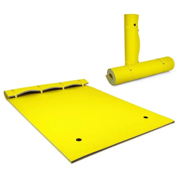 Tapis Flottant d’Eau en Mousse XPE Résistant aux Déchirures Matelas Flottant avec Oreiller Roulant & Cordon Élastique Coussin Flottant Jaune