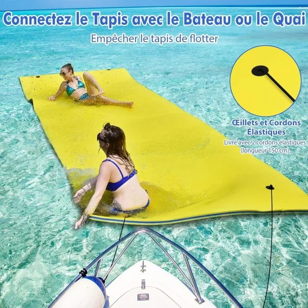 Tapis Flottant d’Eau en Mousse XPE Résistant aux Déchirures Matelas Flottant avec Oreiller Roulant & Cordon Élastique Coussin Flottant Jaune
