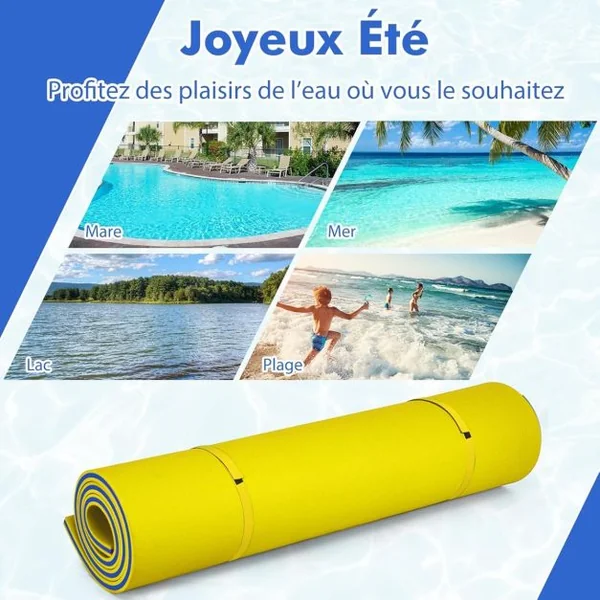 Tapis Flottant d’Eau en Mousse XPE Résistant aux Déchirures Matelas Flottant avec Oreiller Roulant & Cordon Élastique Coussin Flottant Jaune