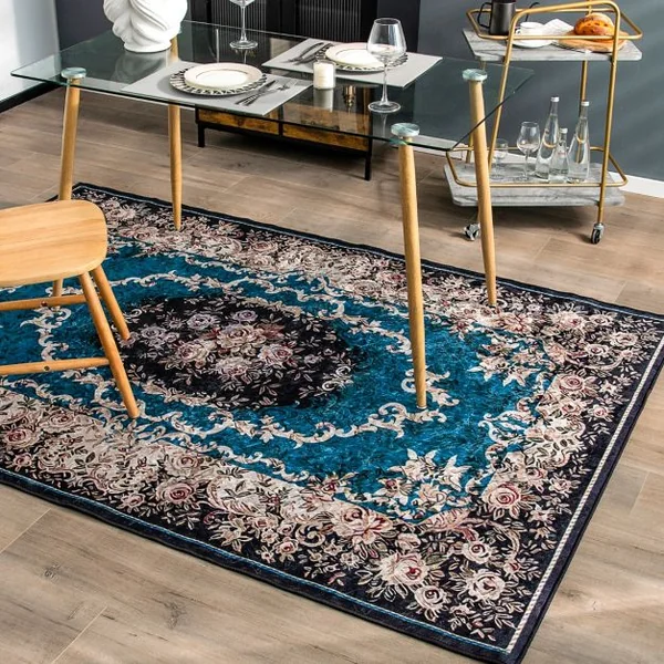 Tapis Imprimé en Velours Doré Diamant Surface Anti-bouloche et Dessous Antidérapant Tapis Traditionnel pour Salon