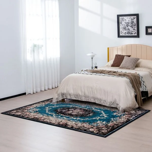 Tapis Imprimé en Velours Doré Diamant Surface Anti-bouloche et Dessous Antidérapant Tapis Traditionnel pour Salon