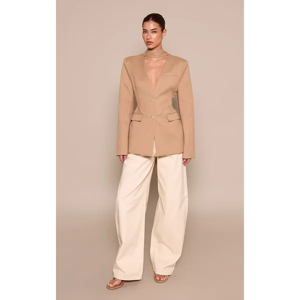 Taupe Blazer Cintré À La Taille Avec Détail Foulard Et Hanches Moulées