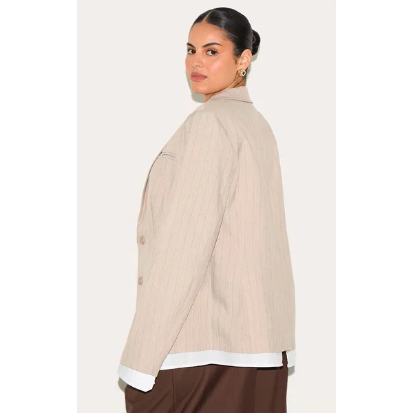 Taupe Blazer Grande Taille À Rayures Tennis Avec Détail Chemise