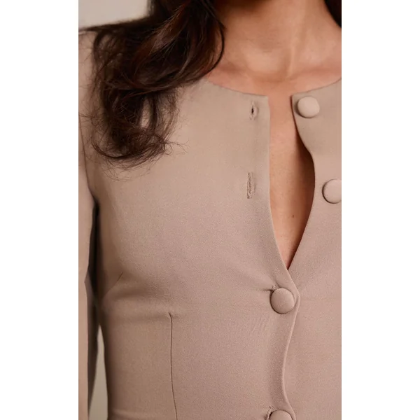 Taupe Ensemble Blazer Cintré À Taille Froncée Et Manches Cocon Avec Boutonnage
