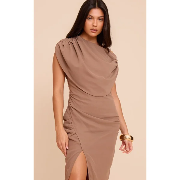Taupe Foncé Robe Longue En Mousseline À Col Bénitier
