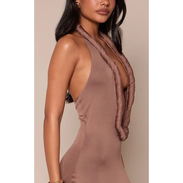 Taupe Foncé Robe Maxi Plongeante À Détail Torsadé Toucher Doux