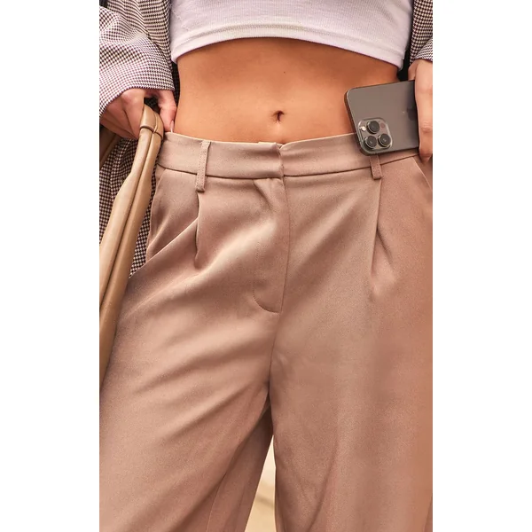 Taupe Pantalon Tailleur Droit Haut De Gamme À Pinces