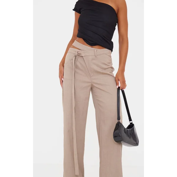 Taupe Pantalon Tailleur Premium Avec Détail De Ceinture Croisée