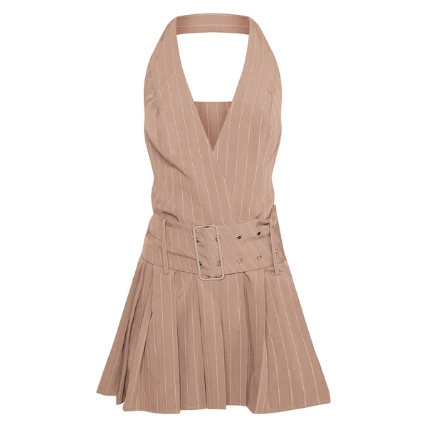Taupe Robe Droite Ceinturée À Fines Rayures Et Encolure Dos-nu