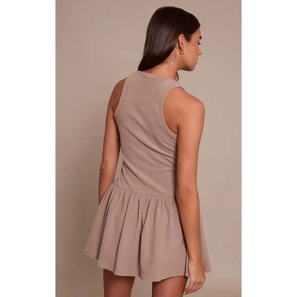 Taupe Robe Droite Sans Manches Côtelée À Col Montant