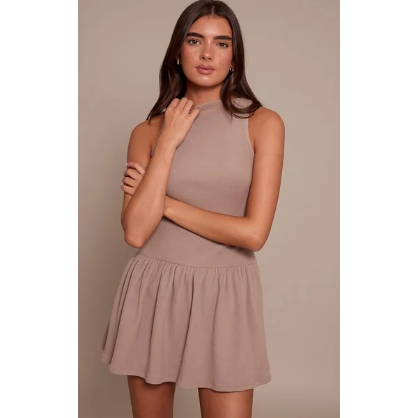 Taupe Robe Droite Sans Manches Côtelée À Col Montant