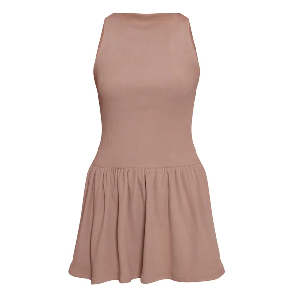 Taupe Robe Droite Sans Manches Côtelée À Col Montant