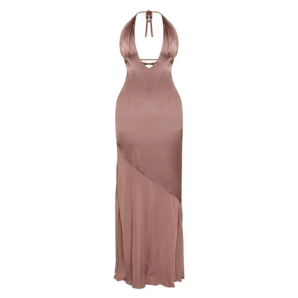 Taupe Robe Longue En Satin Avec Empiècements En Résille Et Dos Noué