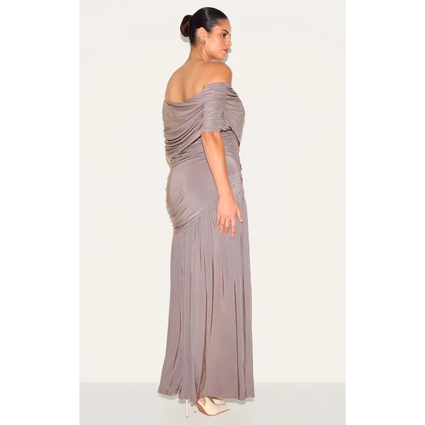 Taupe Robe Longue Grande Taille À Double Couche Slinky Bardot Froncée