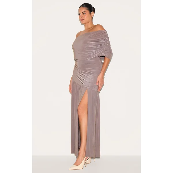Taupe Robe Longue Grande Taille À Double Couche Slinky Bardot Froncée