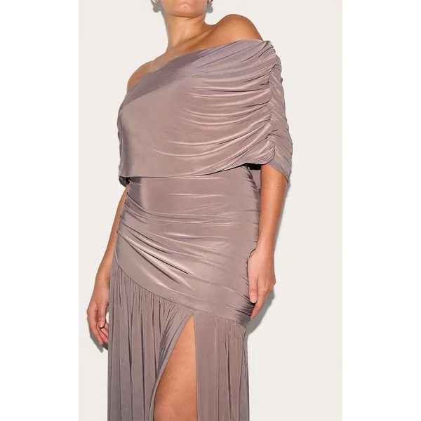 Taupe Robe Longue Grande Taille À Double Couche Slinky Bardot Froncée