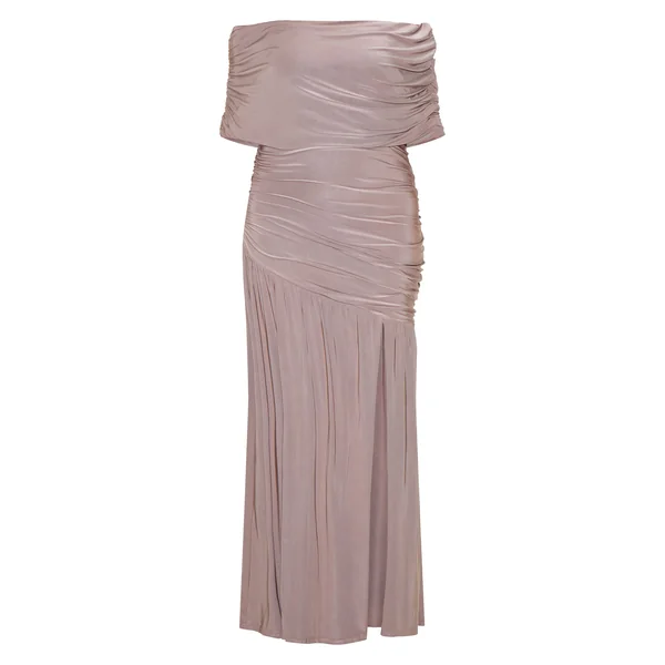 Taupe Robe Longue Grande Taille À Double Couche Slinky Bardot Froncée