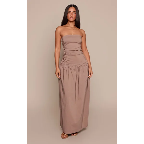 Taupe Robe Maxi Bandeau Froncée En Tissu Tissé Stretch Petite