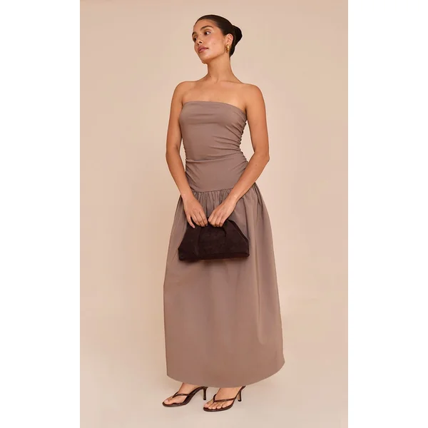 Taupe Robe Maxi Bandeau Froncée En Tissu Tissé Stretch Petite