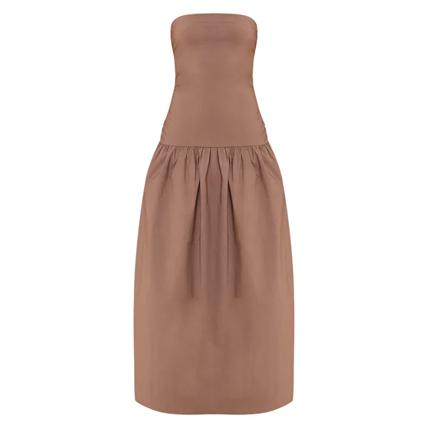 Taupe Robe Maxi Bandeau Froncée En Tissu Tissé Stretch Petite