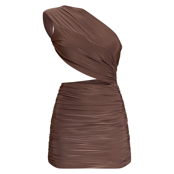 Taupe Robe Mini Froncée Asymétrique À Double Couche