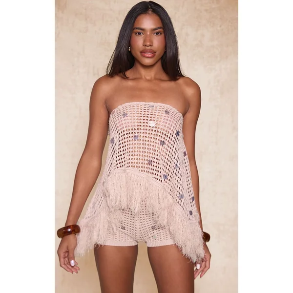 Taupe Short En Maille À Sequins