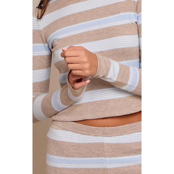 Taupe T-shirt En Maille À Rayures Et Manches Longues