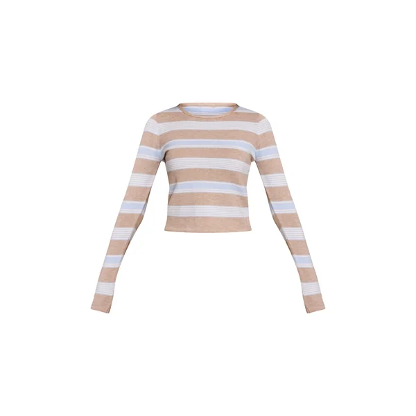 Taupe T-shirt En Maille À Rayures Et Manches Longues