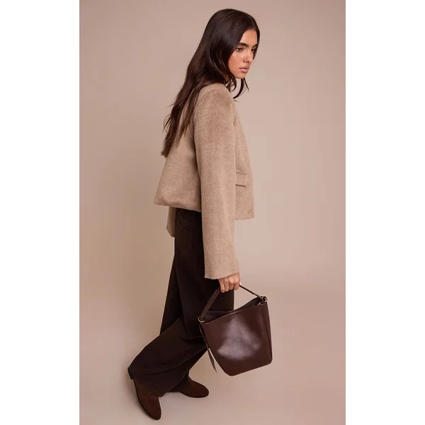 Taupe Veste Cintrée En Laine Brossée À Simple Boutonnage