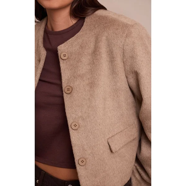 Taupe Veste Cintrée En Laine Brossée À Simple Boutonnage