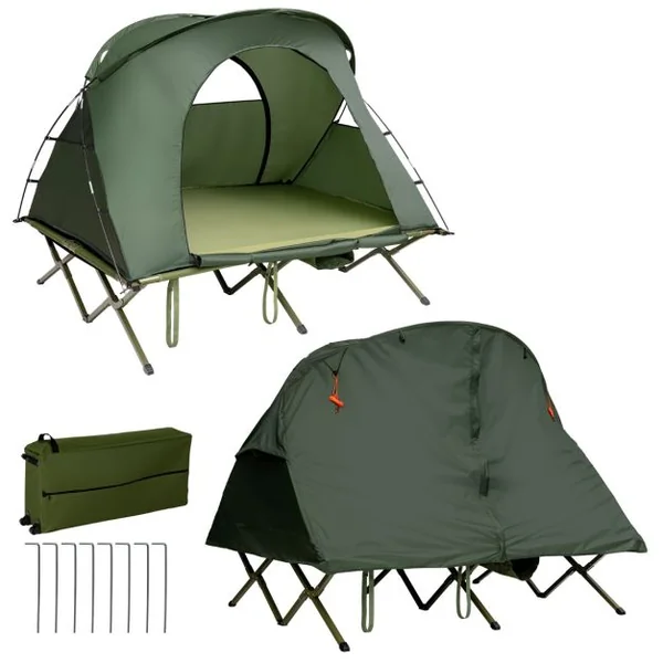 Tente avec Matelas Auto-gonflant en Tissu Oxford 600D Imperméable pour 2 Personnes avec Double Auvent & Sac de Transport à Roulettes Gris/Vert