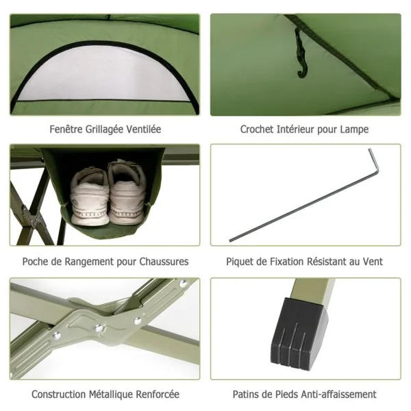 Tente avec Matelas Auto-gonflant en Tissu Oxford 600D Imperméable pour 2 Personnes avec Double Auvent & Sac de Transport à Roulettes Gris/Vert