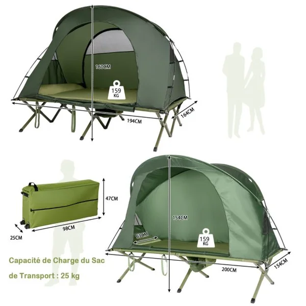 Tente avec Matelas Auto-gonflant en Tissu Oxford 600D Imperméable pour 2 Personnes avec Double Auvent & Sac de Transport à Roulettes Gris/Vert