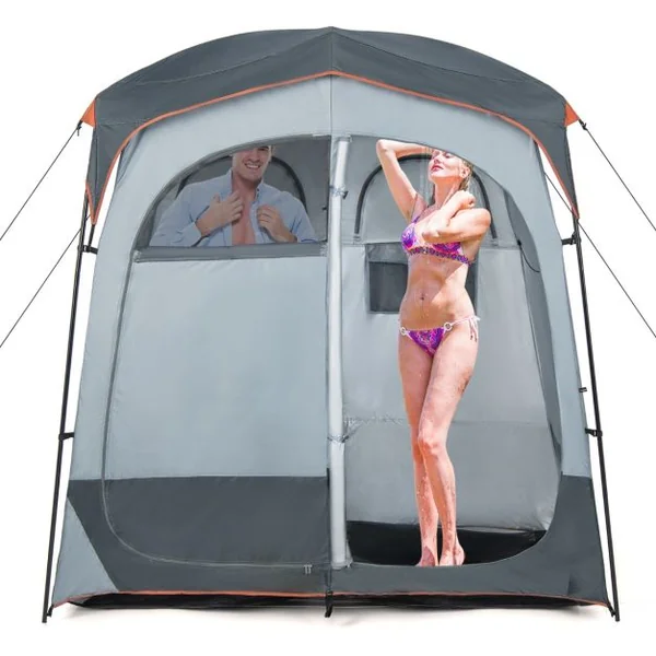 Tente Cabine de Douche Portable 2 Personnes en 2 Parties avec Bâche de Pluie Amovible Corde à Linge Crochet 210x107x210 cm Gris