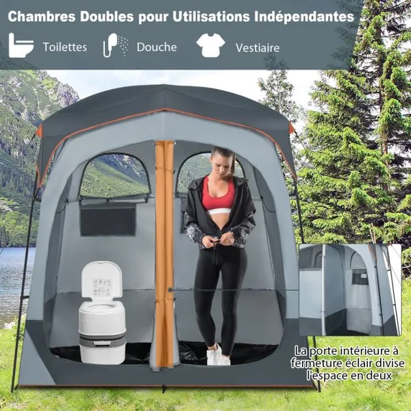 Tente Cabine de Douche Portable 2 Personnes en 2 Parties avec Bâche de Pluie Amovible Corde à Linge Crochet 210x107x210 cm Gris