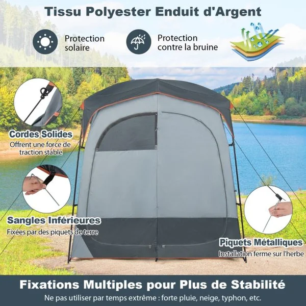 Tente Cabine de Douche Portable 2 Personnes en 2 Parties avec Bâche de Pluie Amovible Corde à Linge Crochet 210x107x210 cm Gris