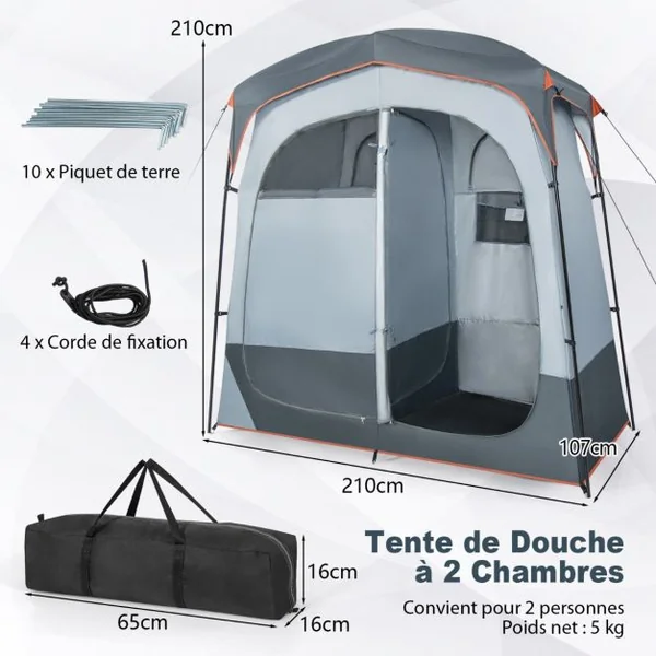 Tente Cabine de Douche Portable 2 Personnes en 2 Parties avec Bâche de Pluie Amovible Corde à Linge Crochet 210x107x210 cm Gris