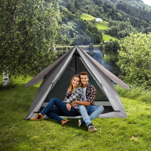 Tente de Camping Escamotable pour 2-3 Personnes Tente Imperméable Transparente Unidirectionnelle à 360° avec Coupe-vent 225x145x161cm Gris