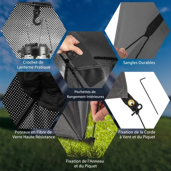 Tente de Camping Escamotable pour 2-3 Personnes Tente Imperméable Transparente Unidirectionnelle à 360° avec Coupe-vent 225x145x161cm Gris