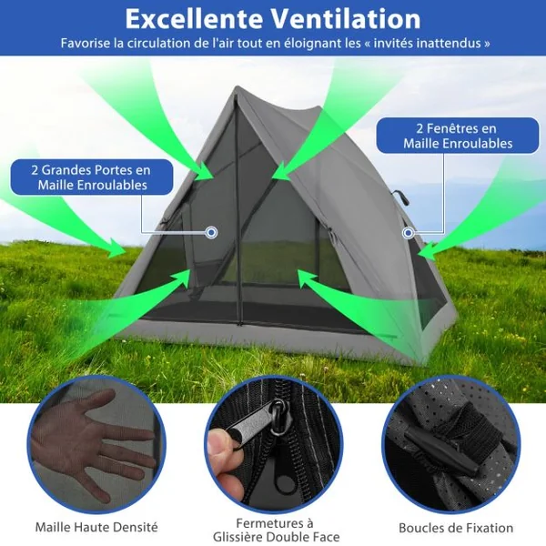 Tente de Camping Escamotable pour 2-3 Personnes Tente Imperméable Transparente Unidirectionnelle à 360° avec Coupe-vent 225x145x161cm Gris