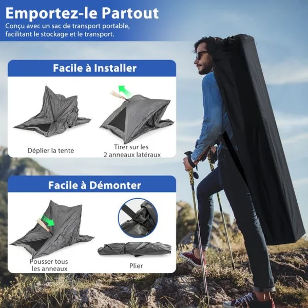 Tente de Camping Escamotable pour 2-3 Personnes Tente Imperméable Transparente Unidirectionnelle à 360° avec Coupe-vent 225x145x161cm Gris
