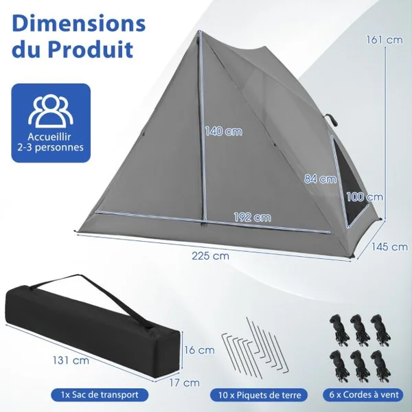 Tente de Camping Escamotable pour 2-3 Personnes Tente Imperméable Transparente Unidirectionnelle à 360° avec Coupe-vent 225x145x161cm Gris