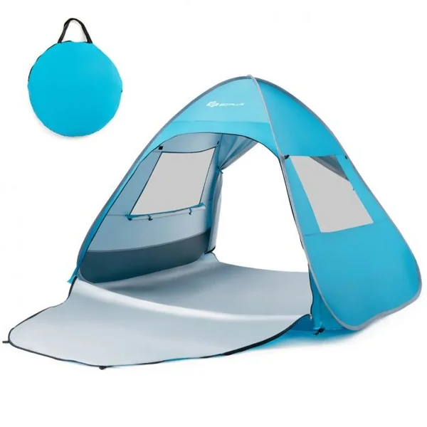 Tente de Camping Pop-up Pliable 4 Personnes avec Sac de Transport Piquets Sacs de Sable Cordes à Vent pour Plage Pique-nique