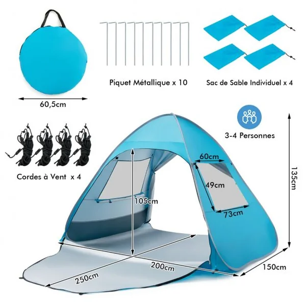 Tente de Camping Pop-up Pliable 4 Personnes avec Sac de Transport Piquets Sacs de Sable Cordes à Vent pour Plage Pique-nique