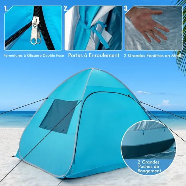 Tente de Camping Pop-up Pliable 4 Personnes avec Sac de Transport Piquets Sacs de Sable Cordes à Vent pour Plage Pique-nique