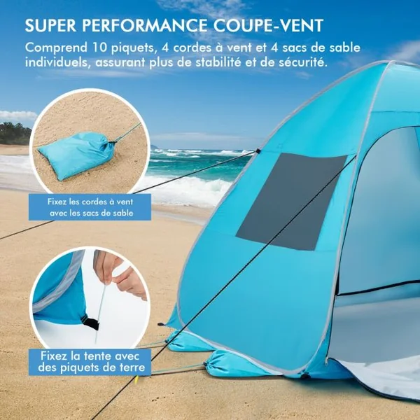 Tente de Camping Pop-up Pliable 4 Personnes avec Sac de Transport Piquets Sacs de Sable Cordes à Vent pour Plage Pique-nique