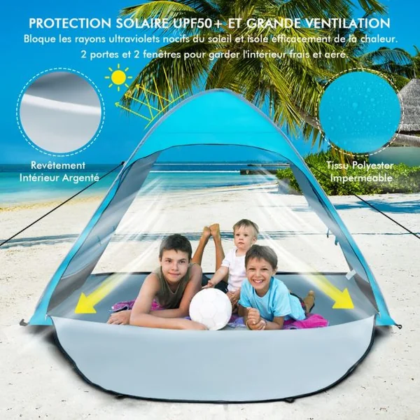 Tente de Camping Pop-up Pliable 4 Personnes avec Sac de Transport Piquets Sacs de Sable Cordes à Vent pour Plage Pique-nique