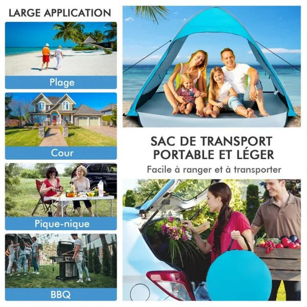 Tente de Camping Pop-up Pliable 4 Personnes avec Sac de Transport Piquets Sacs de Sable Cordes à Vent pour Plage Pique-nique